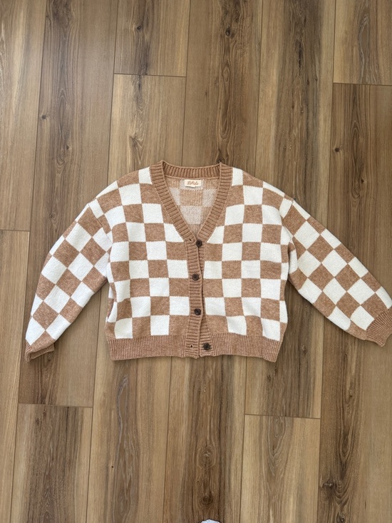 Listicle Sweaters - Listicle Cream & Tan Checkerboard Button Cardigan